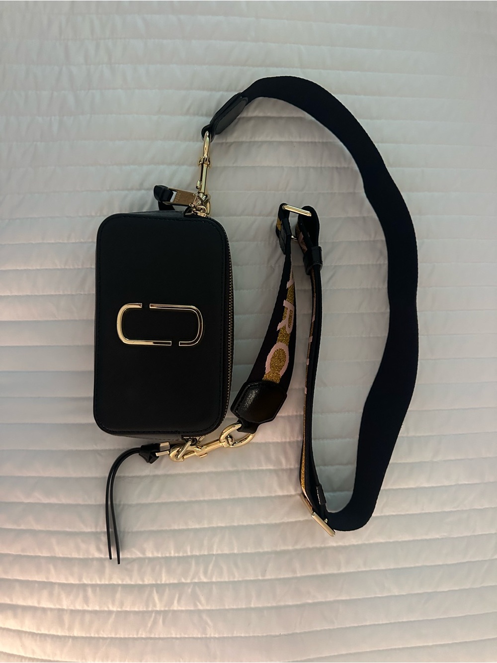 Marc Jacobs Black Leather Camera Crossbody with Gold Logo